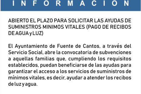 ABIERTO EL PLAZO PARA SOLICITAR LAS AYUDAS DE SUMINISTROS MINIMOS VITALES (PAGO DE RECIBOS DE AGUA y LUZ)