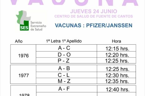 Llamamiento Vacunación Jueves día 24 de Junio