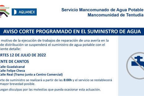 AVISO CORTE PROGRAMADO EN EL SUMINISTRO DE AGUA. #MancomunidadDeTentudia